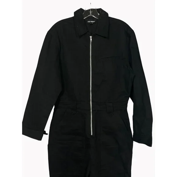 Steve Madden Womens Medium Black Denim Jumpsuit Partial Zip Long Sleeve NWOT